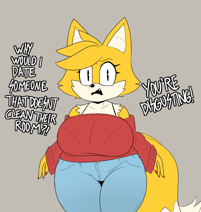 2_tails anthro berkthejerk big_breasts bottomwear breasts canid canine clothed clothing colored_nails crossgender dialogue english_text female fingers fox fur hi_res looking_at_viewer mammal miles_prower mtf_crossgender multi_tail nails pants red_nails sega solo sonic_the_hedgehog_(series) talking_to_viewer text topwear yellow_body yellow_fur