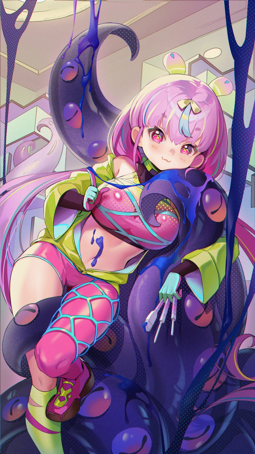 1girl :3 absurdres asymmetrical_legwear bangs breasts commentary_request foot_out_of_frame girls'_frontline girls'_frontline_neural_cloud green_jacket highres jacket large_breasts looking_at_viewer majiang navel open_clothes open_jacket pink_eyes pink_hair puzzle_(girls'_frontline_nc) slime_(substance) smile solo tentacles