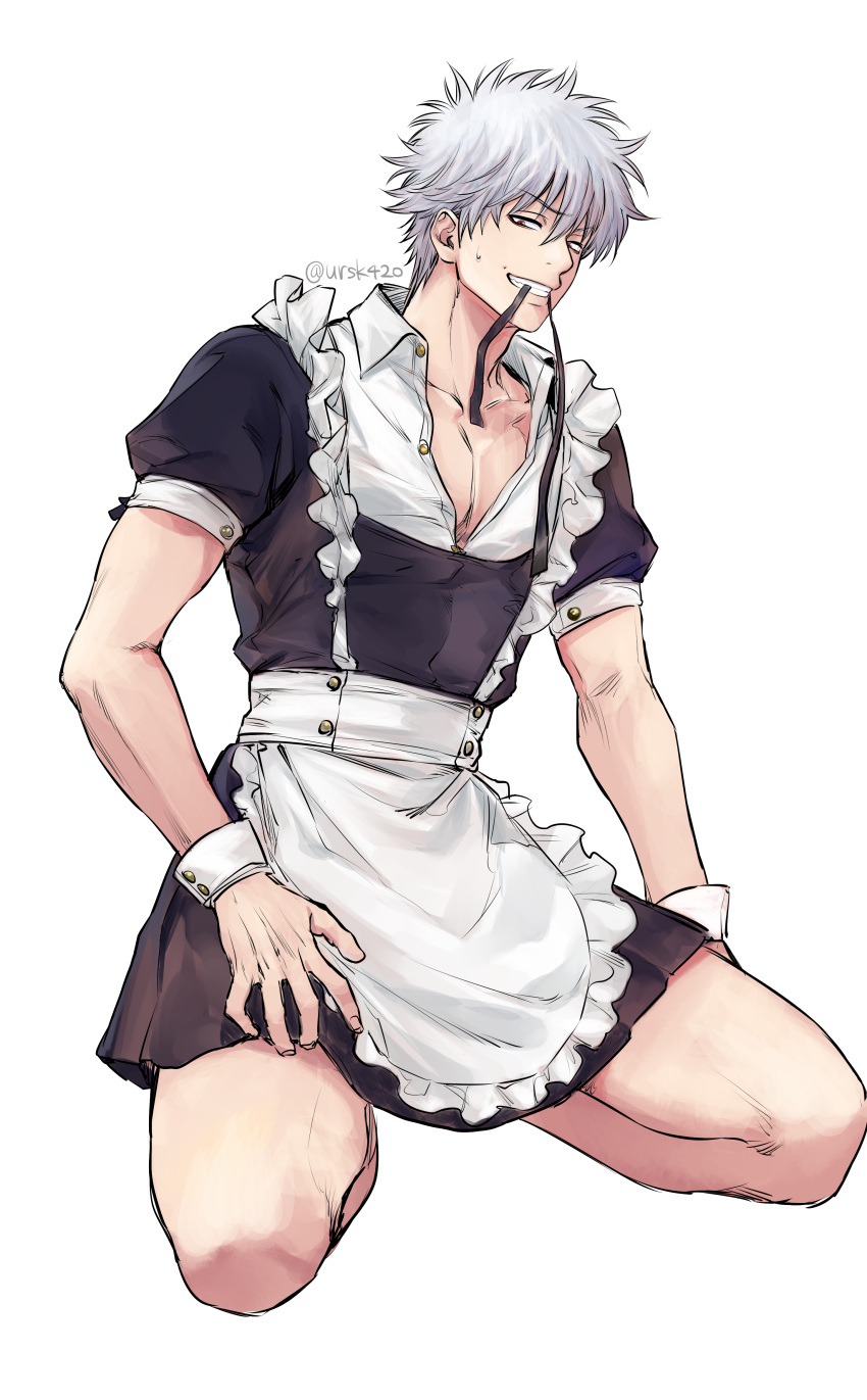 1boy absurdres alternate_costume apron bangs black_dress black_ribbon collared_shirt crossdressing dress dress_shirt enmaided frilled_apron frills full_body gintama grey_hair grin hair_between_eyes highres looking_at_viewer maid male_focus mouth_hold puffy_short_sleeves puffy_sleeves red_eyes ribbon ribbon_in_mouth sakata_gintoki shirt short_sleeves simple_background smile solo sweat twitter_username uraki_(tetsu420) white_apron white_background white_shirt wrist_cuffs