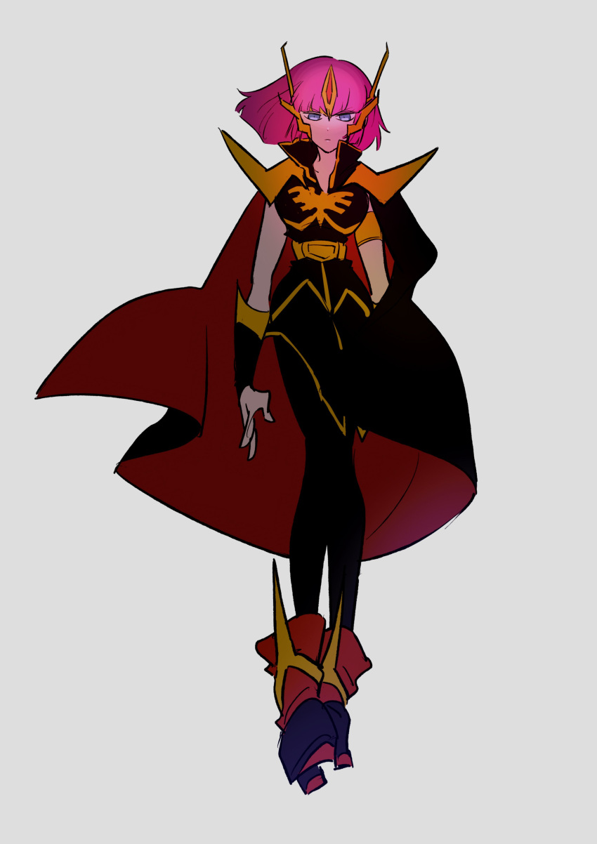 1girl absurdres black_cape black_footwear black_jacket blue_eyes bracer breasts cape full_body grey_background gundam gundam_zz hakoniwa_(5ma_suke) haman_karn headdress highres jacket looking_at_viewer medium_breasts narrow_waist open_hand pink_hair short_hair sketch solo straight-on v-shaped_eyebrows walking