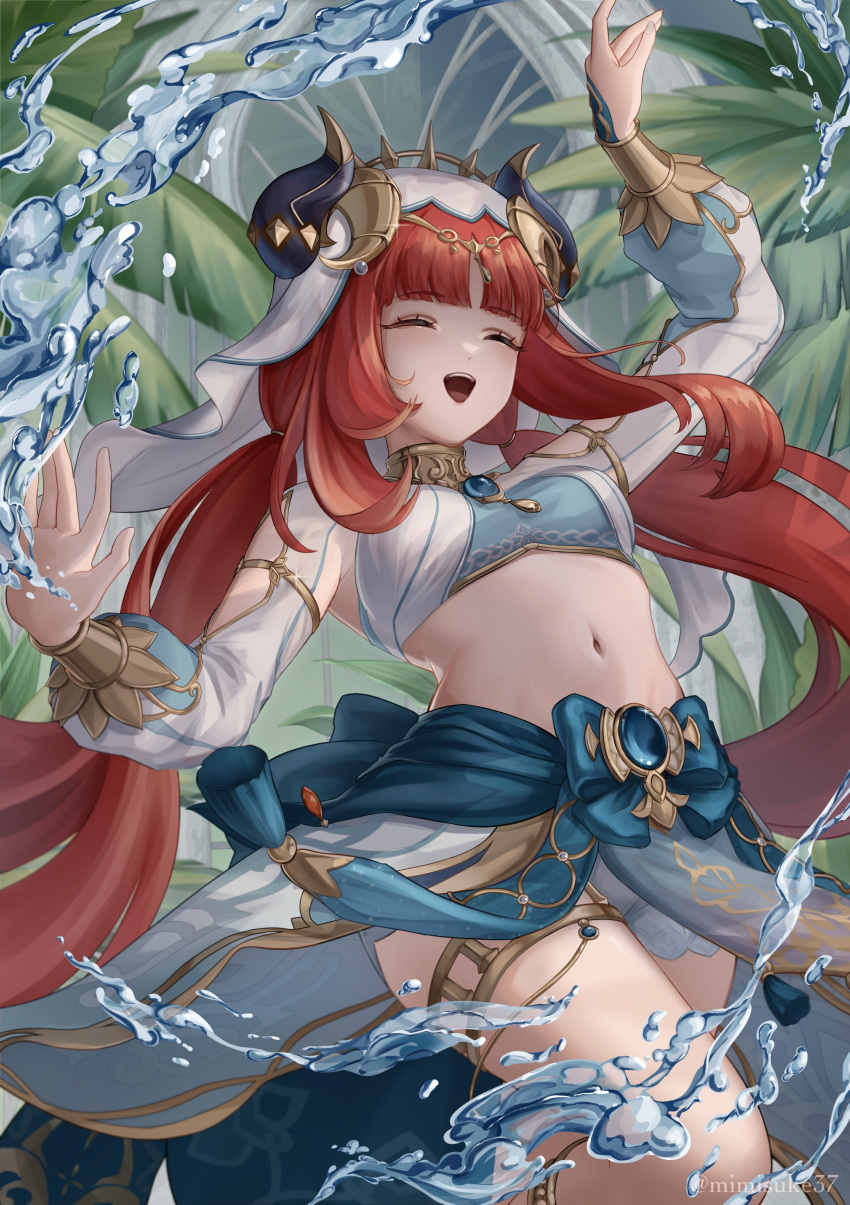 1girl :d absurdres arm_up bangs bloomers blue_bow blue_gemstone blue_skirt bow bracer breasts brooch circlet closed_eyes commentary cowboy_shot crop_top dancer dancing detached_sleeves facing_viewer fake_horns floating_hair gem genshin_impact gold_trim happy highres horns hydrokinesis jewelry leaf long_hair long_sleeves low_twintails medium_breasts mimisuke37 navel neck_ring nilou_(genshin_impact) open_mouth outdoors parted_bangs puffy_long_sleeves puffy_sleeves red_hair sidelocks skirt smile solo stomach tassel teeth thighlet thighs twintails twitter_username underwear upper_teeth veil very_long_hair water white_bloomers white_headwear