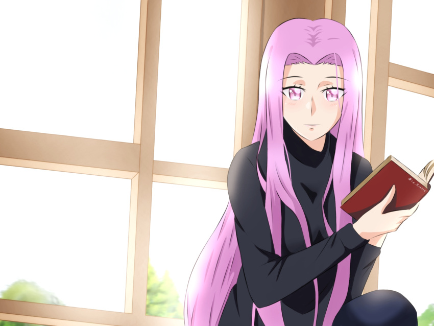 14_riatsu 1girl black_sweater blush fate/grand_order fate/stay_night fate_(series) highres holding long_hair looking_at_viewer medusa_(fate) medusa_(rider)_(fate) purple_eyes sitting smile sweater type-moon window