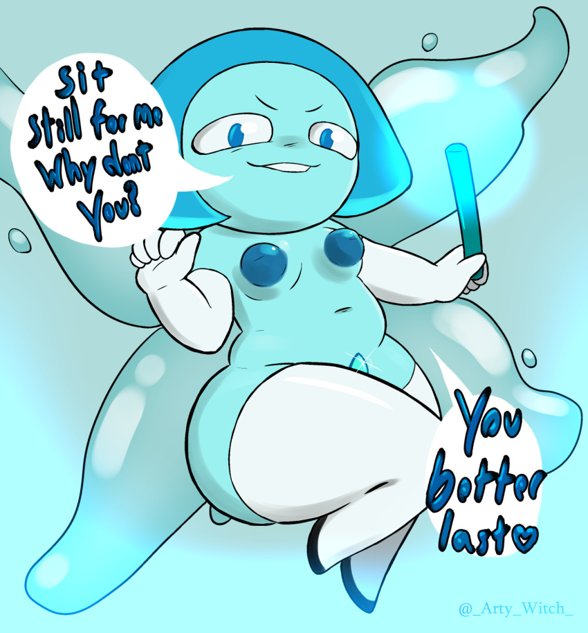 aquamarine_(steven_universe) areola artywitch breasts cartoon_network clothing dialogue gem gem_(species) gloves handwear hi_res inverted_nipples legwear looking_at_viewer magic navel nipples puffy_areola puffy_nipples short_stack slightly_chubby small_breasts steven_universe thick_thighs thigh_highs wide_hips