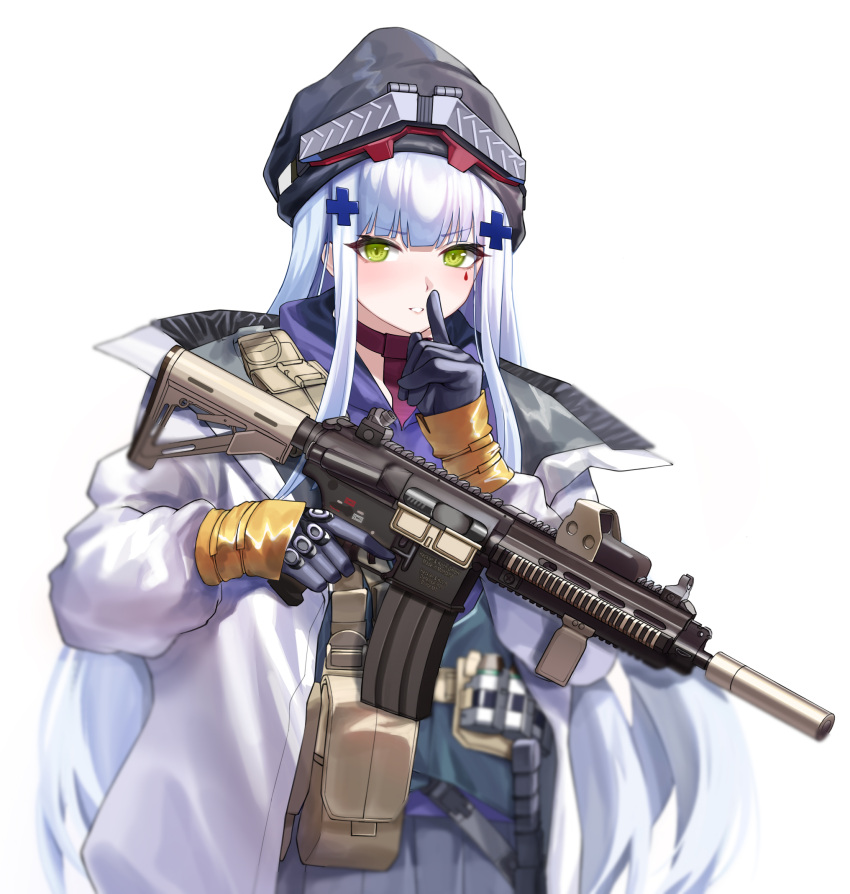 1girl 1z10 ammunition_pouch assault_rifle bangs beanie commentary_request eotech facial_mark finger_to_mouth girls'_frontline girls'_frontline_neural_cloud gloves green_eyes gun h&amp;k_hk416 hair_ornament hat highres hk416_(girls'_frontline) jacket long_hair looking_at_viewer open_clothes open_jacket pouch rifle shushing simple_background solo suppressor trigger_discipline upper_body vertical_foregrip weapon white_background white_hair white_jacket