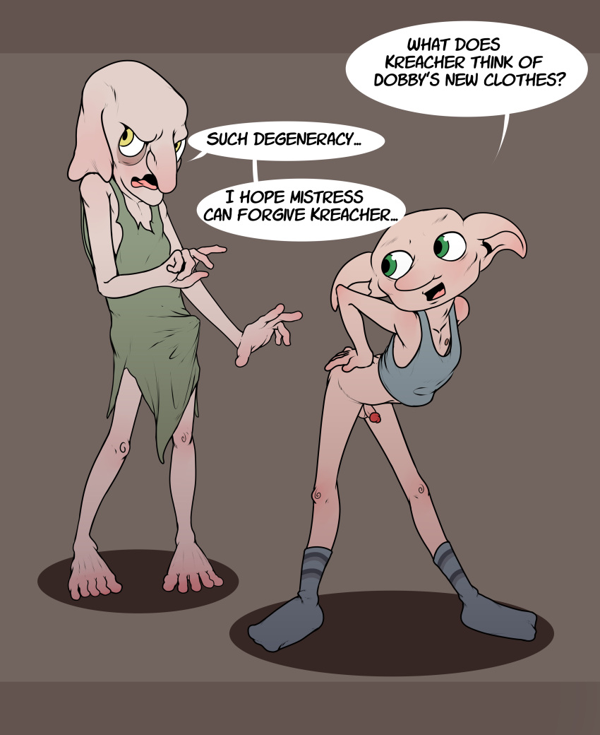 absurd_res balls clothed clothing dialogue dobby_(harry_potter) duo elf erection erection_under_clothing footwear genitals hi_res house_elf humanoid kreacher_(harry_potter) male male/male nipples penis rysker_(artist) seductive shirt socks tank_top topwear