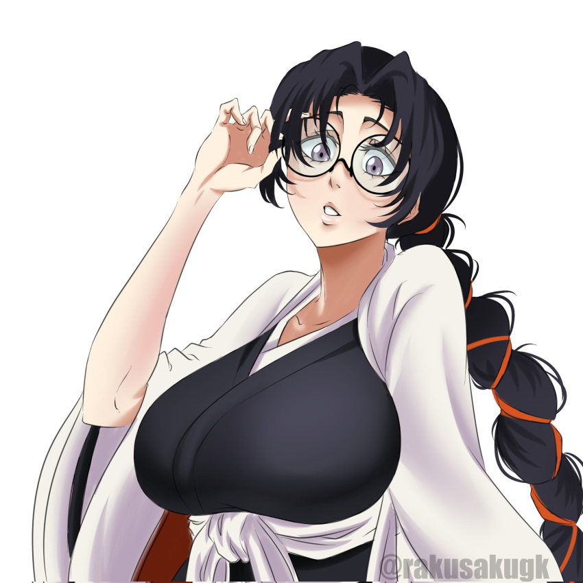 1girl bangs black_hair black_kimono bleach braid breasts cleavage collarbone glasses grey_eyes hair_tie haori highres huge_breasts japanese_clothes katori_batsuunsai kimono long_hair long_sleeves open_clothes parted_lips rakusakugk round_eyewear sidelocks simple_background solo taichou_haori twitter_username very_long_hair white_background wide_sleeves