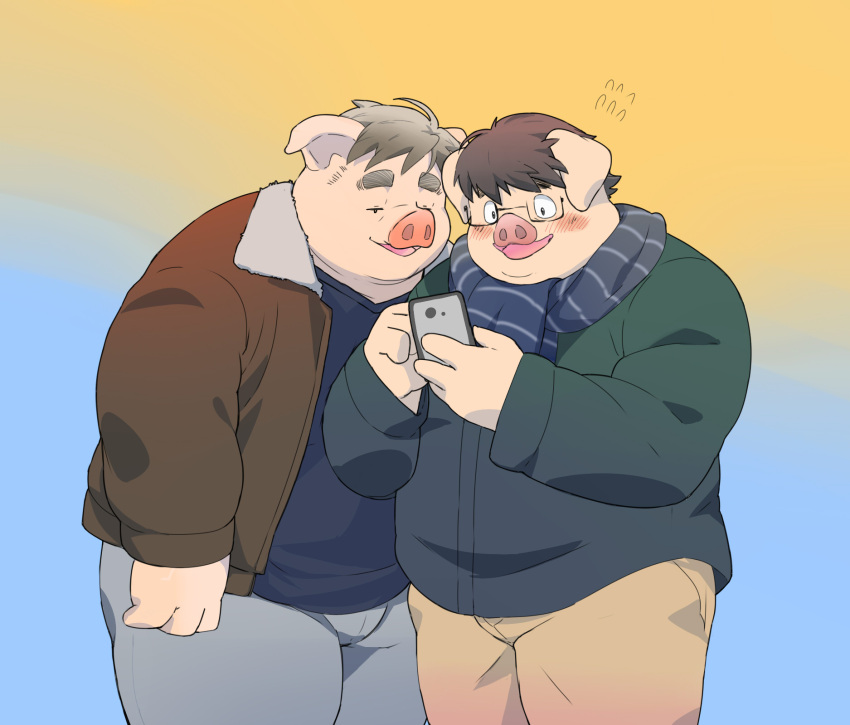 2022 anthro belly big_belly blush bottomwear cellphone clothing domestic_pig duo eyewear glasses hi_res humanoid_hands inunoshippo kemono male mammal overweight overweight_male pants phone scarf smartphone suid suina sus_(pig) sweater topwear