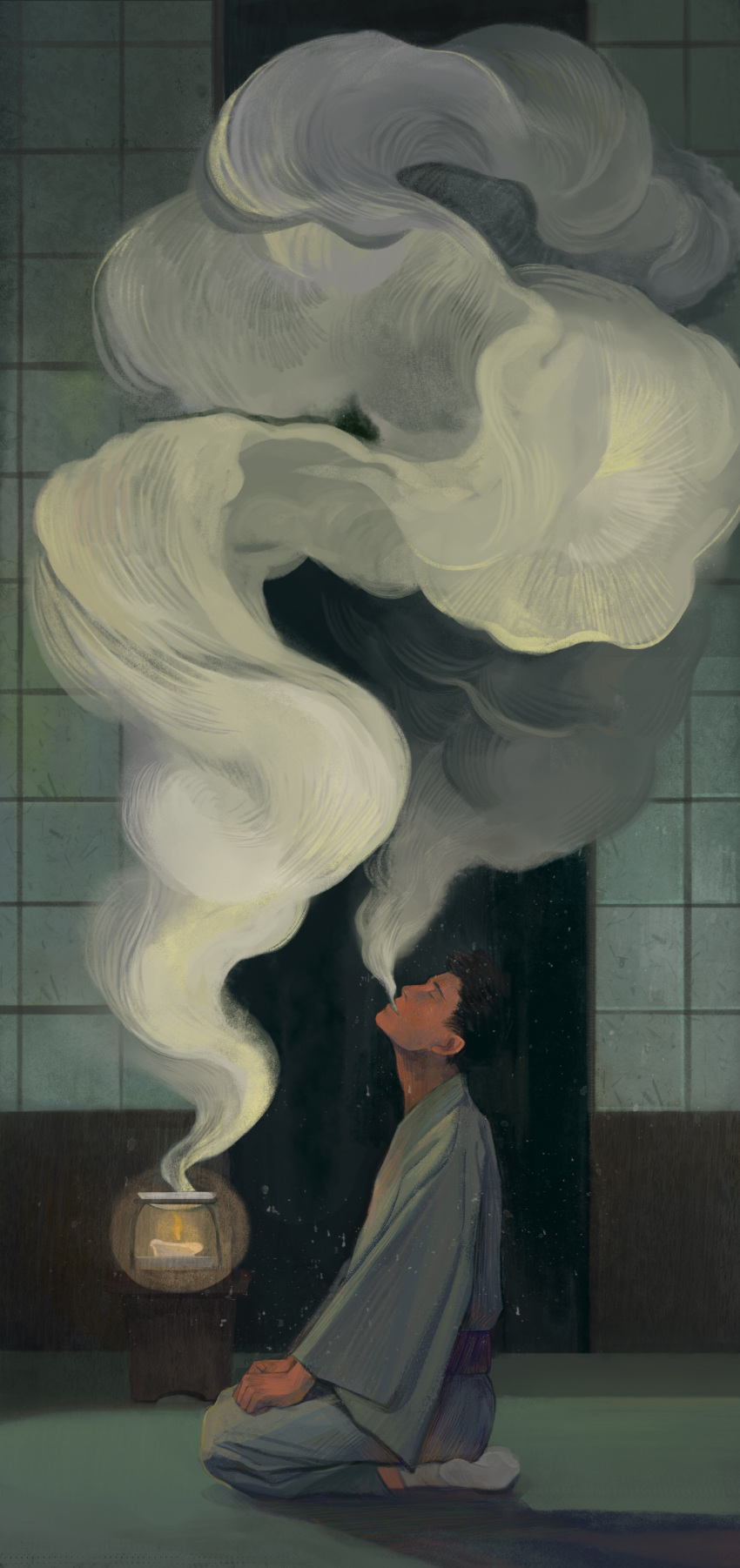 1boy absurdres bangs black_hair blowing_smoke candle closed_eyes commentary_request dust facing_up from_side full_body highres indoors japanese_clothes juyanmai kimono lantern long_sleeves male_focus minai_kumado mushishi night no_shoes on_ground parted_lips profile sash short_hair shouji sliding_doors smoke socks solo tabi white_socks