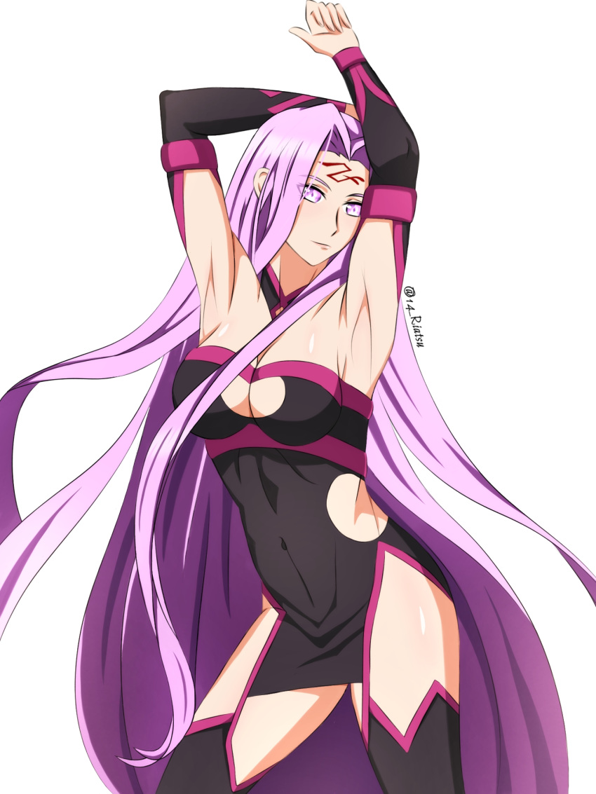 1girl armpits black_dress black_sleeves breasts curvy dress facial_mark fate/grand_order fate/stay_night fate_(series) forehead_mark highres long_hair medusa_(fate) medusa_(rider)_(fate) medusa_(rider)_(third_ascension)_(fate) presenting_armpit purple_eyes purple_hair thighs type-moon