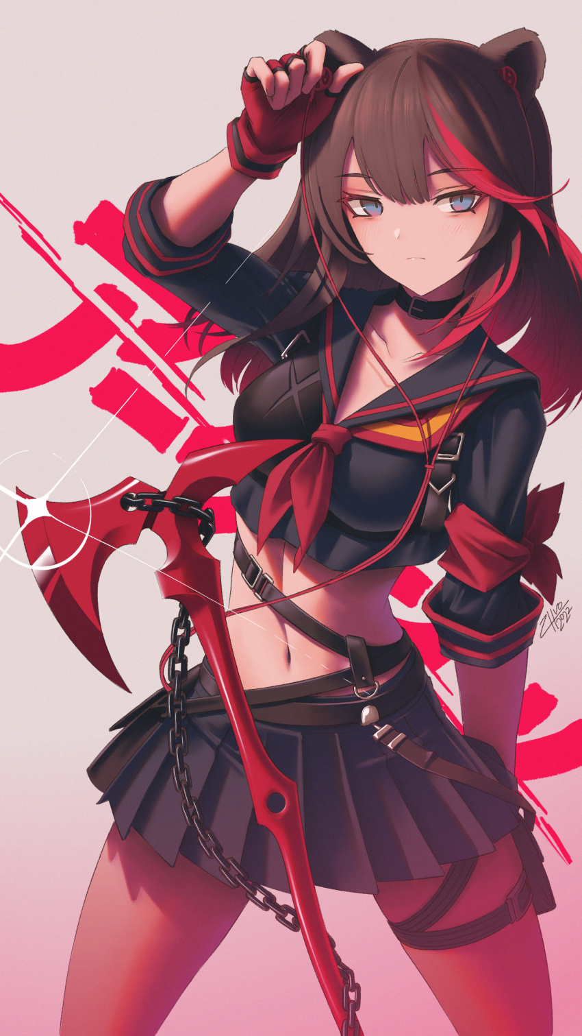 1girl absurdres animal_ears arknights armband axe bear_ears bear_girl black_shirt blue_eyes breasts brown_hair chain cowboy_shot crop_top earbuds earphones fingerless_gloves gloves grey_background highres holster kill_la_kill long_hair looking_at_viewer multicolored_hair navel neckerchief red_gloves red_hair red_neckerchief shirt simple_background sleeves_past_elbows small_breasts solo streaked_hair thigh_holster zhvo zima_(arknights)