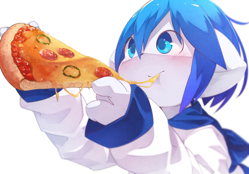2019 4_fingers anthro aoino black_nose blue_clothing blue_eyes blue_hair blue_hoodie blue_pupils blue_topwear blush blush_lines canid canine cheese clothing dairy_products digital_media_(artwork) eating eating_food eye_glint face_glint fingers food fox glistening glistening_hair hair half-length_portrait hi_res holding_food holding_object holding_pizza hoodie kemono male mammal pepperoni_pizza pizza portrait pupils round_pupils shaded side_view simple_background simple_shading solo spica_(aoino) topwear two_tone_hoodie white_background white_clothing white_ears white_face white_hoodie white_topwear