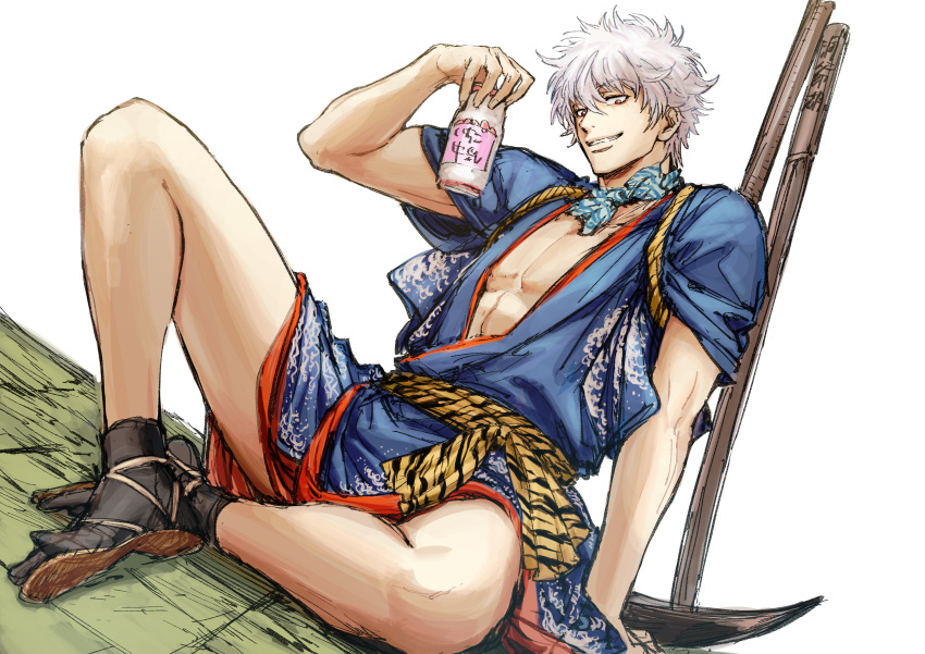 1boy absurdres arm_support bangs black_socks blue_kimono bokken bottle brown_footwear dutch_angle gintama grin hair_between_eyes hand_up highres holding holding_bottle japanese_clothes kimono looking_at_viewer male_focus red_eyes sakata_gintoki shoe_soles short_sleeves simple_background sitting smile socks solo sword tasuki uraki_(tetsu420) weapon white_background white_hair wooden_sword