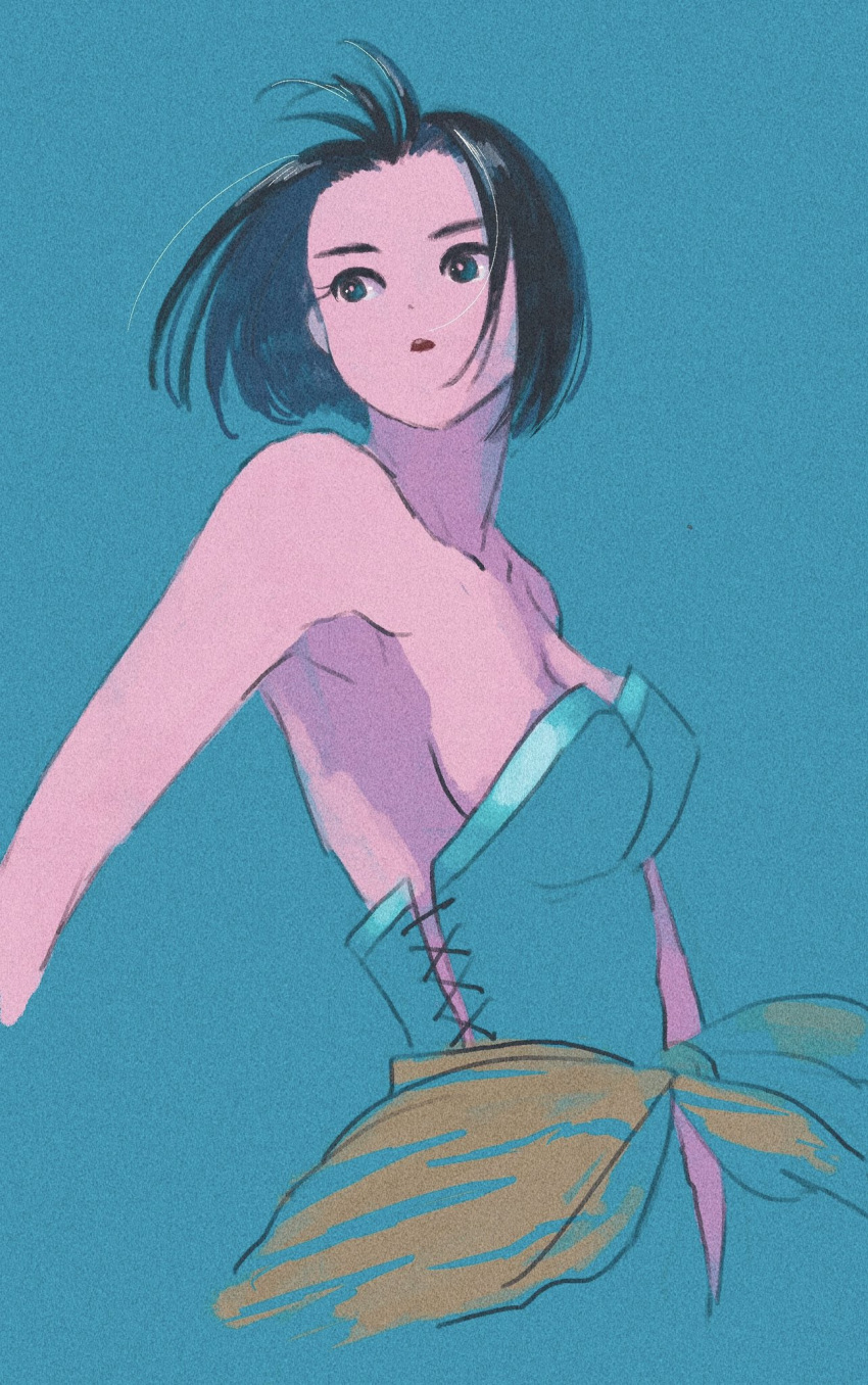 1girl 4.5j bare_shoulders black_hair blue_eyes breasts dress gensou_suikoden gensou_suikoden_iv highres looking_to_the_side mizuki_(suikoden) open_mouth short_hair simple_background solo turning_head