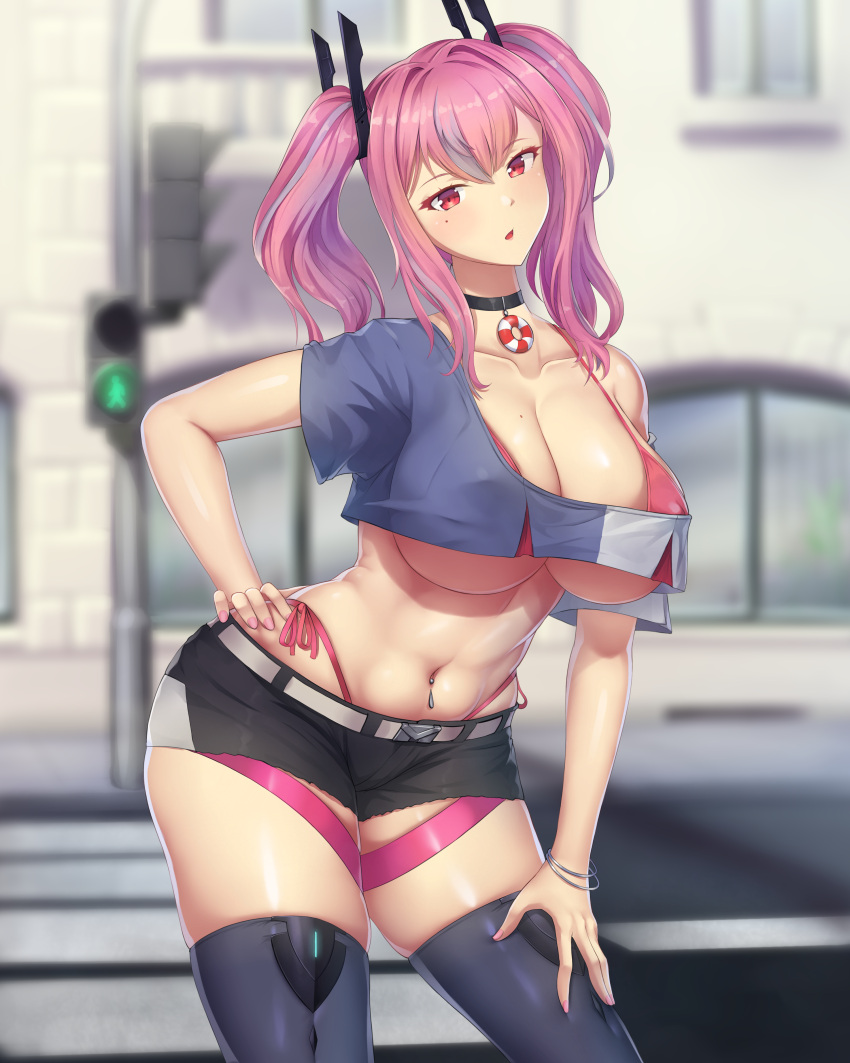 1girl absurdres azur_lane bangs belt bikini bikini_under_clothes black_choker black_shorts blurry blurry_background bracelet breasts bremerton_(azur_lane) choker cleavage collarbone commentary covered_nipples cowboy_shot crop_top crop_top_overhang crosswalk grey_belt grey_hair grey_shirt grey_thighhighs hair_between_eyes hair_ornament hand_on_hip hand_on_own_thigh highleg highleg_bikini highres jewelry large_breasts lifebuoy_ornament long_hair looking_at_viewer mole mole_on_breast mole_under_eye multicolored_hair navel navel_piercing obliques outdoors parted_lips piercing pink_bikini pink_eyes pink_hair road shirt short_shorts shorts side-tie_bikini_bottom sidelocks single_bare_shoulder skindentation solo standing stomach streaked_hair street swimsuit thigh_strap thighhighs traffic_light twintails two-tone_hair two-tone_shirt underboob warmcummies white_shirt