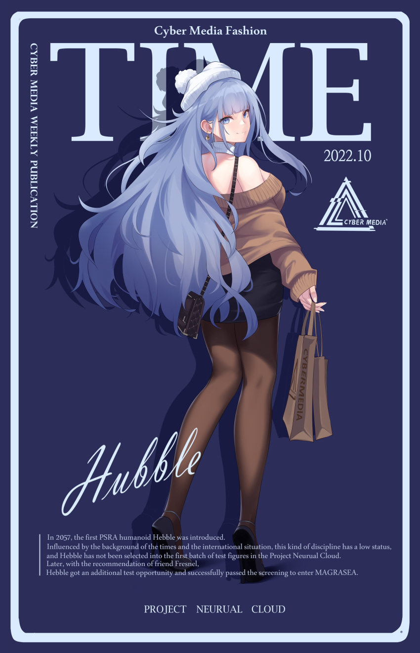 1girl absurdres bag bare_shoulders black_skirt blue_eyes blue_hair breasts cover earrings english_text engrish_text fake_magazine_cover from_behind full_body girls'_frontline girls'_frontline_neural_cloud handbag hat high_heels highres holding holding_bag hubble_(girls'_frontline_nc) jewelry large_breasts long_hair looking_at_viewer looking_back magazine_cover mitiglinide pantyhose paper_bag ranguage skirt smile solo very_long_hair