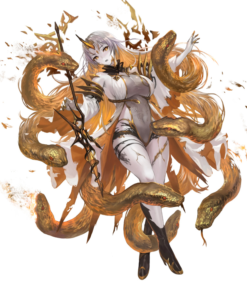 1girl bangs blonde_hair breasts fire_emblem fire_emblem_heroes gold_trim gradient gradient_hair grey_hair gullveig_(fire_emblem) highres horns large_breasts long_hair long_sleeves multicolored_hair non-web_source official_art parted_bangs single_horn snake solo two-tone_hair wide_sleeves yellow_eyes yoshiku_(oden-usagi)