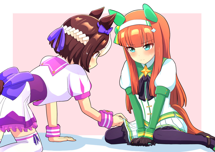 2girls animal_ears back_bow black_pantyhose border bow brown_footwear brown_gloves brown_hair commentary duplicate ear_bow gloves highres hime_cut horse_ears horse_girl horse_tail jacket kneeling loafers long_hair long_sleeves multicolored_hair multiple_girls orange_hair pantyhose pink_background pixel-perfect_duplicate purple_bow shoes short_hair short_sleeves silence_suzuka_(umamusume) special_week_(umamusume) streaked_hair tail thighhighs umamusume white_border white_jacket white_thighhighs whitelily_bread wrist_cuffs