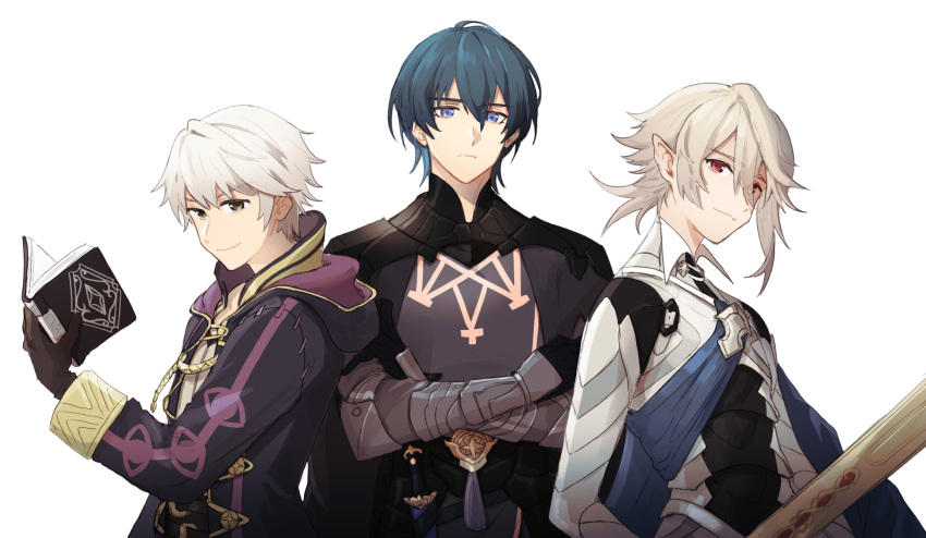 3boys armor bangs black_armor black_cape black_coat black_gloves blue_cape blue_eyes blue_hair book brown_eyes brown_gloves byleth_(fire_emblem) byleth_(fire_emblem)_(male) cape coat commentary corrin_(fire_emblem) corrin_(fire_emblem)_(male) crossed_arms english_commentary fire_emblem fire_emblem:_three_houses fire_emblem_awakening fire_emblem_fates fire_emblem_heroes gauntlets gloves hair_between_eyes highres holding holding_book holding_weapon hood hood_down hooded_coat knife long_sleeves looking_at_viewer lumbbyz male_focus multiple_boys pointy_ears red_eyes robin_(fire_emblem) robin_(fire_emblem)_(male) simple_background smile sword trait_connection upper_body weapon white_background white_hair yato_(fire_emblem)