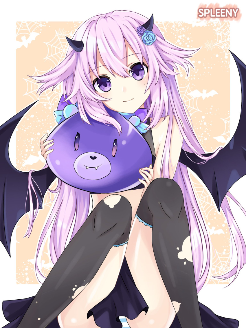 1girl artist_name black_skirt black_thighhighs choujigen_game_neptune closed_mouth demon_girl demon_horns demon_wings dogoo hair_between_eyes highres holding horns long_hair looking_at_viewer neptune_(series) original purple_eyes purple_hair sitting skirt smile spleeny thighhighs torn_clothes torn_thighhighs wings