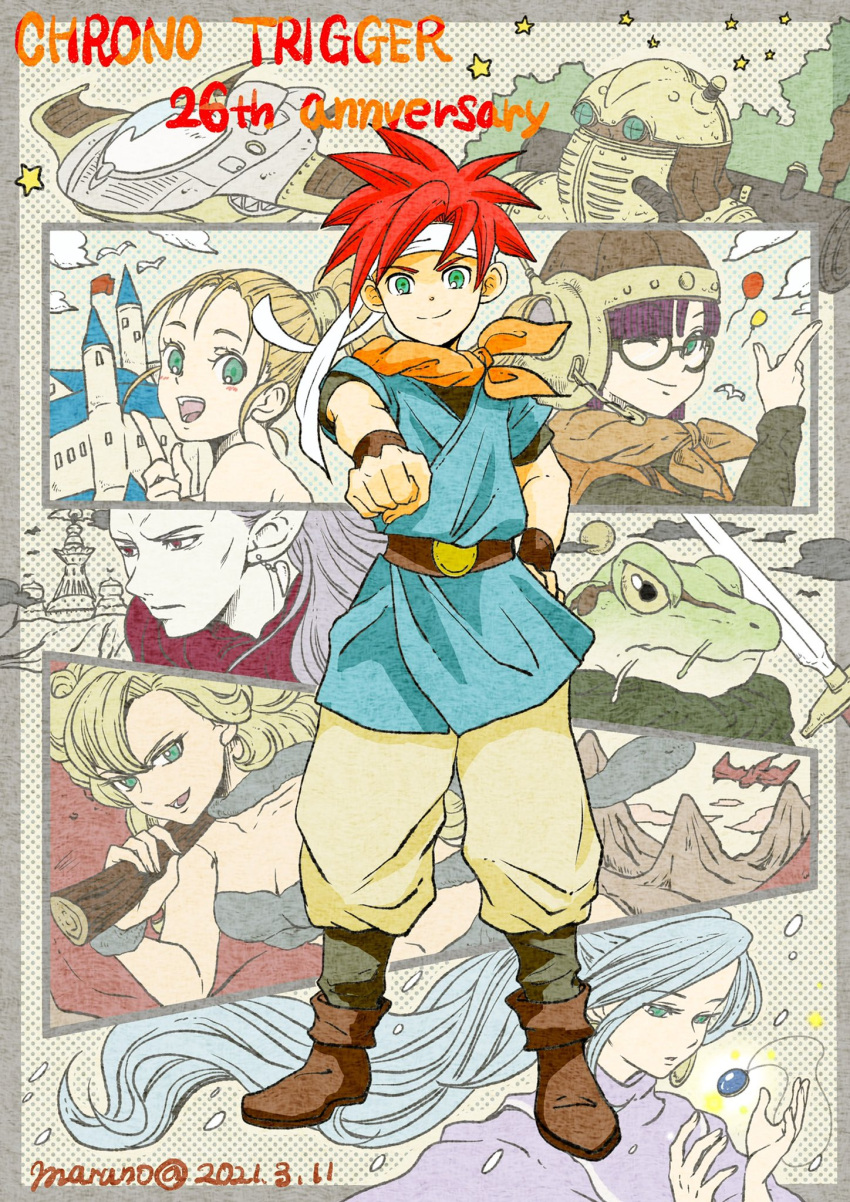 4boys 4girls ayla_(chrono_trigger) blonde_hair blue_eyes blue_hair breasts brother_and_sister chrono_trigger cleavage closed_mouth crono_(chrono_trigger) dated dress earrings frog_(chrono_trigger) glasses green_eyes helmet high_ponytail highres jewelry long_hair looking_at_viewer lucca_ashtear magus_(chrono_trigger) marle_(chrono_trigger) maruno multiple_boys multiple_girls necklace open_mouth pendant ponytail purple_hair red_hair robe robo_(chrono_trigger) robot scarf schala_zeal short_hair siblings smile sword weapon
