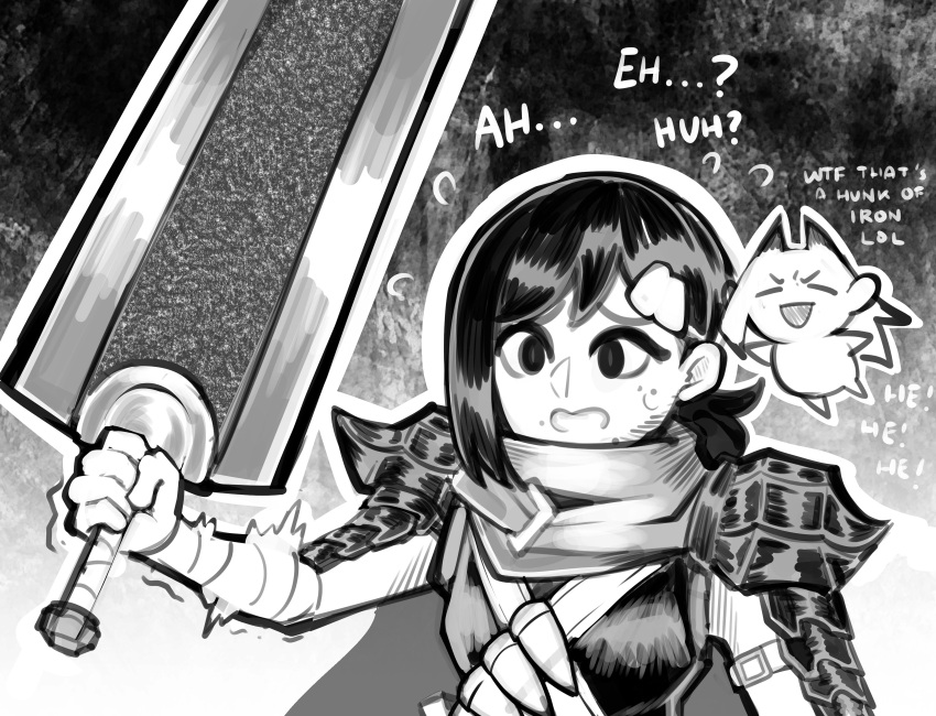 2girls absurdres armor bandaged_arm bandages bandolier berserk berserker_armor black_hair chainsaw_man closed_eyes confused cosplay dragonslayer_(sword) greyscale guts_(berserk) guts_(berserk)_(cosplay) hair_ornament hairclip higashiyama_kobeni highres holding holding_sword holding_weapon horns kermittend monochrome multiple_girls open_mouth power_(chainsaw_man) puck_(berserk) puck_(berserk)_(cosplay) scarf short_hair sword weapon