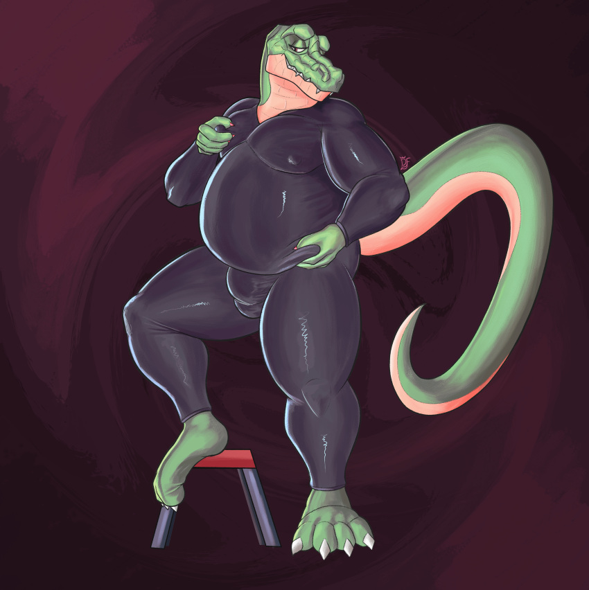 absurd_res alligator alligatorid anthro belly belly_grab big_belly big_biceps breast_grab breasts bulge catsuit_(disambiguation) claws crocodile crocodilian crocodylid dookinduke eyeliner feet hand_on_breast hi_res latex makeup male mitch_(dookinduke) moobs muscular overweight overweight_male painted_claws presenting reptile rubber scalie slightly_chubby solo solo_focus thick_thighs
