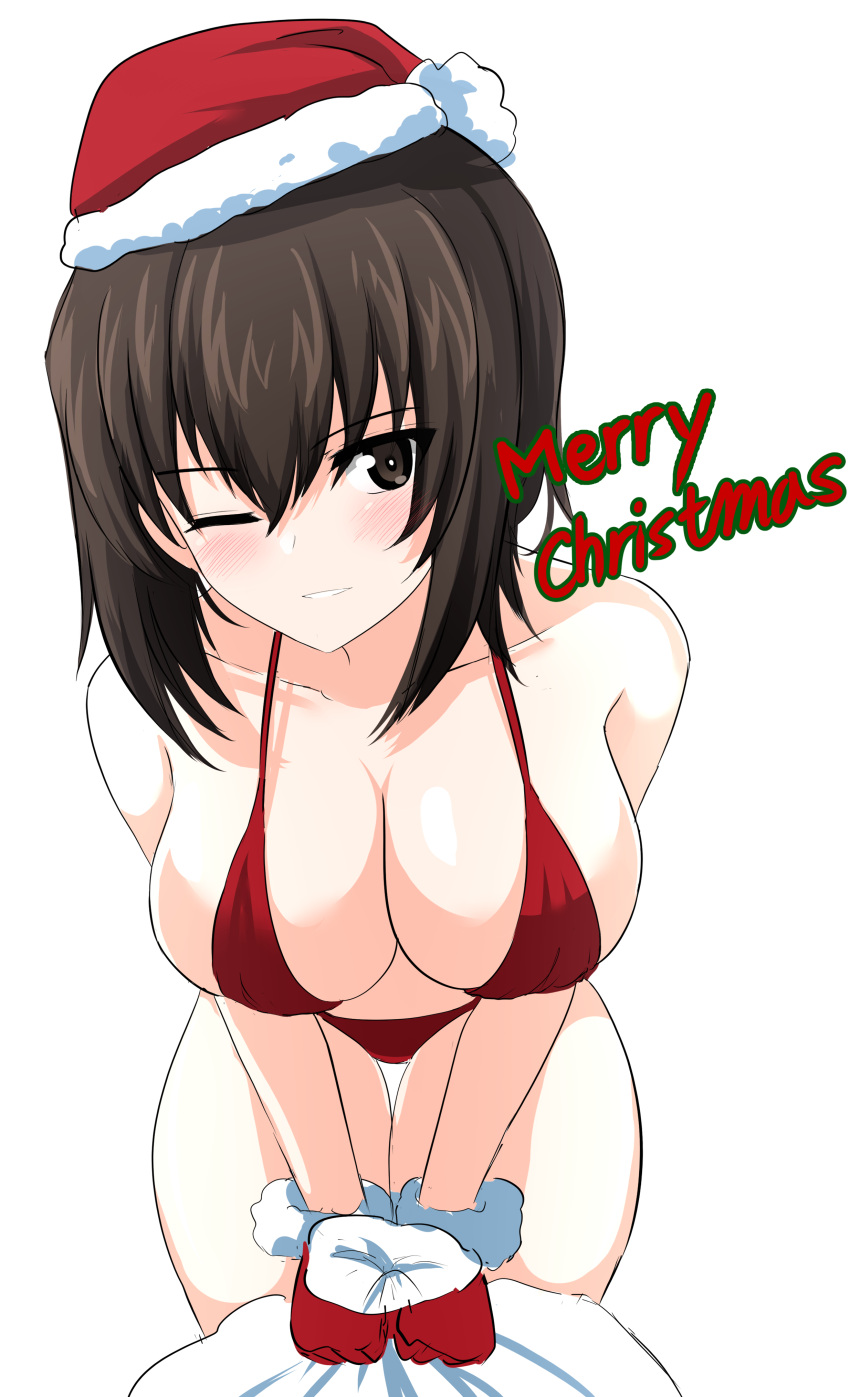 1girl absurdres aikir_(jml5160) bangs bikini blush breasts brown_eyes brown_hair christmas cleavage closed_mouth commentary english_commentary english_text girls_und_panzer gloves halterneck hat highres holding holding_sack large_breasts leaning_forward light_smile looking_at_viewer merry_christmas mixed-language_commentary nishizumi_maho one_eye_closed red_bikini red_gloves red_headwear sack santa_bikini santa_gloves santa_hat short_hair simple_background solo standing swimsuit thigh_gap white_background
