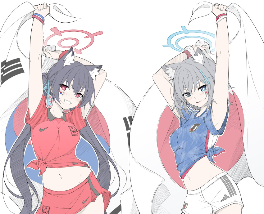 2022_fifa_world_cup 2girls absurdres animal_ear_fluff animal_ears armlet armpits arms_up bangs black_hair blue_archive blue_eyes blue_shirt blush breasts cat_ears cowboy_shot cross_hair_ornament flag grey_hair grin groin hair_ornament hair_ribbon highres holding holding_flag japanese_flag light_smile long_hair looking_at_viewer masabodo medium_breasts medium_hair midriff mismatched_pupils multiple_girls navel parted_lips red_shirt red_skirt ribbon scrunchie serika_(blue_archive) shiroko_(blue_archive) shirt short_shorts shorts sidelocks simple_background skirt smile south_korean_flag standing sticker_on_face tied_shirt twintails very_long_hair white_background white_shorts wolf_ears world_cup wrist_scrunchie