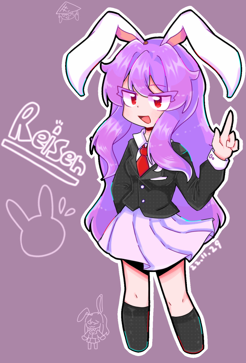 1girl animal_ears bangs black_jacket black_socks blazer breasts character_name chinese_commentary collared_shirt colored_eyelashes commentary_request cropped_legs dated eyes_visible_through_hair highres jacket long_hair long_sleeves necktie open_mouth pleated_skirt priswocaer purple_background purple_hair rabbit_ears rabbit_girl red_eyes red_necktie reisen_udongein_inaba shirt simple_background skirt small_breasts smile socks touhou white_shirt white_skirt