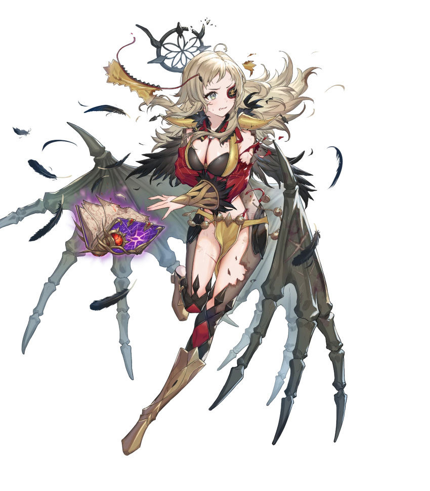 1girl alternate_costume bangs between_breasts blonde_hair blush book boots breasts circlet demon_wings detached_sleeves eyepatch feather_trim feathers fire_emblem fire_emblem_fates fire_emblem_heroes full_body green_eyes hair_ornament haru_(hiyori-kohal) highres jewelry knee_boots leg_up long_hair long_sleeves looking_away low_wings medium_breasts non-web_source o-ring official_art open_book ophelia_(fire_emblem) parted_lips pelvic_curtain shiny shiny_skin solo sweat sweatdrop torn torn_clothes torn_sleeves transparent_background wings