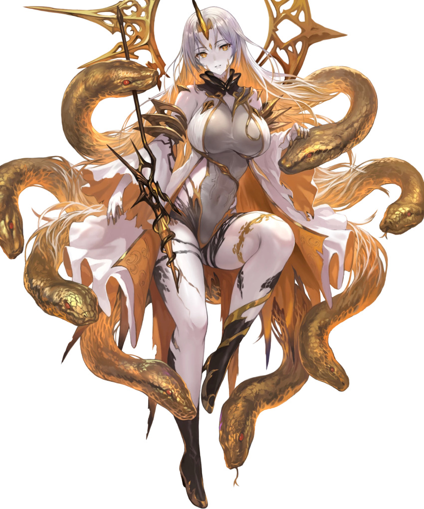 1girl bangs blonde_hair breasts fire_emblem fire_emblem_heroes gold_trim gradient gradient_hair grey_hair gullveig_(fire_emblem) highres horns large_breasts long_hair long_sleeves multicolored_hair non-web_source official_art parted_bangs single_horn snake solo two-tone_hair wide_sleeves yellow_eyes yoshiku_(oden-usagi)