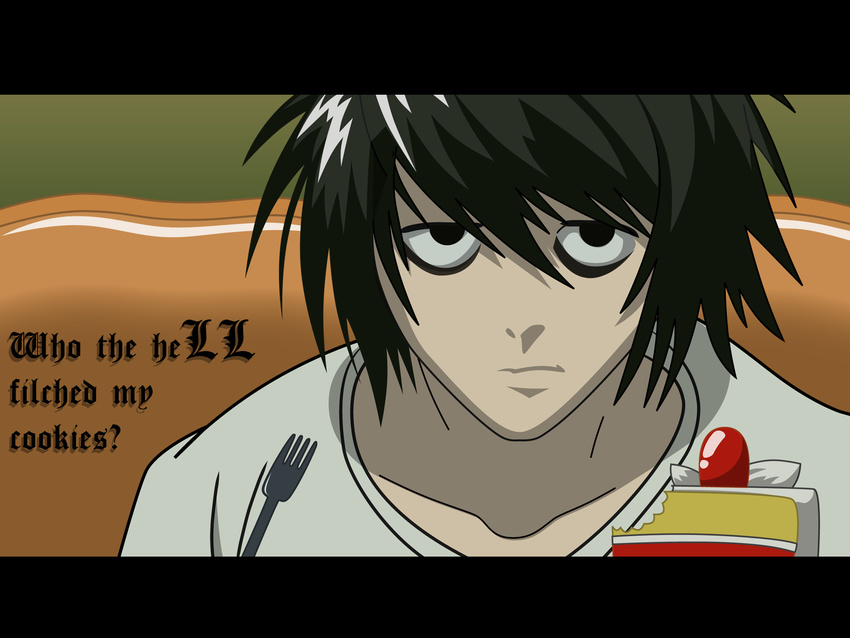 black_eyes black_hair cake death_note food fork glare glaring highres l l_(death_note) male male_focus shirt shueisha vector vector_trace wallpaper white_shirt