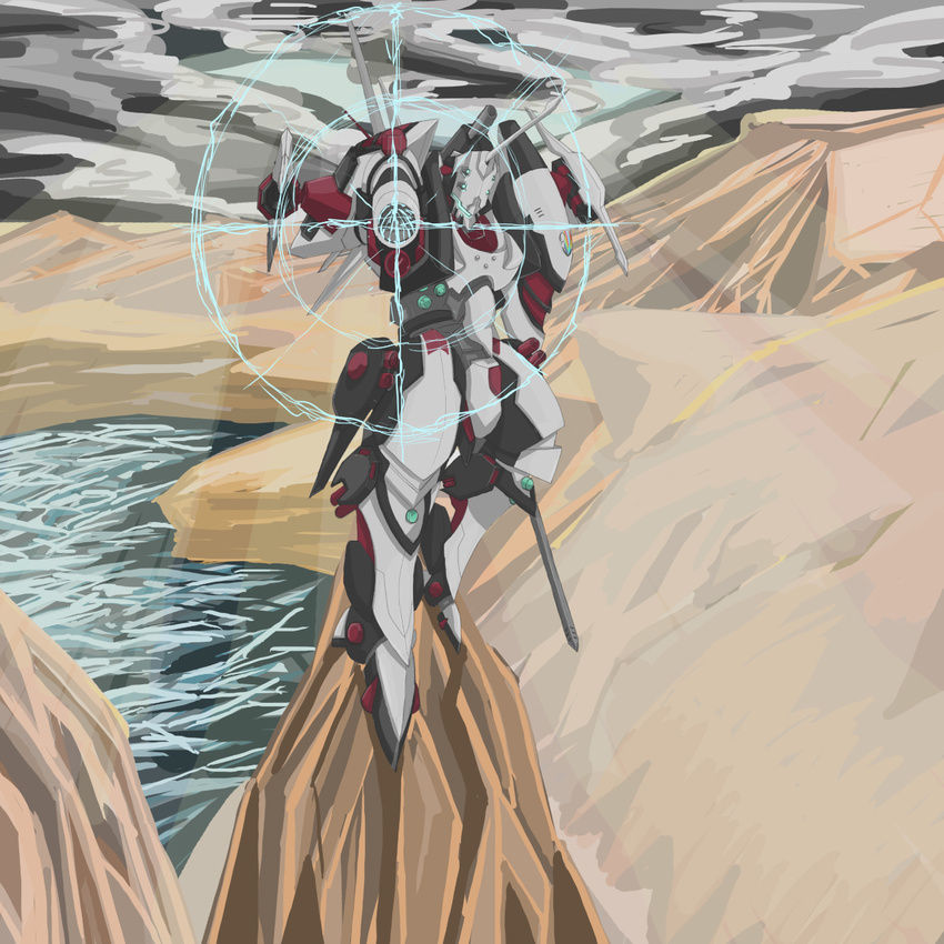 armored_core armored_core:_for_answer from_software gun highres mecha mountain standing water weapon