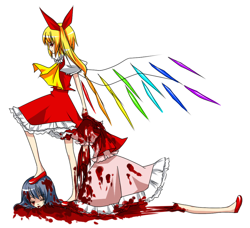 2girls bat_wings blonde_hair blood blue_hair bow decapitation flandre_scarlet frills guro multiple_girls ponytail red_eyes remilia_scarlet severed_head severed_limb short_hair side_ponytail skirt touhou wings