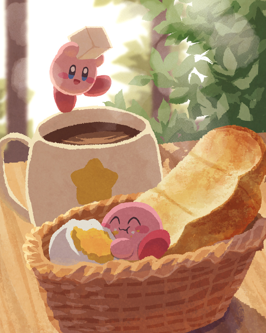 :d ^_^ arms_up backlighting basket blue_eyes blush blush_stickers bread closed_eyes closed_mouth coffee coffee_mug commentary cup eating egg english_commentary food food_on_face full_body hardboiled_egg highres indoors kirby kirby_(series) miclot morning mug no_humans open_mouth plant red_footwear shadow shoes smile star_(symbol) steam sugar_cube sunlight table window