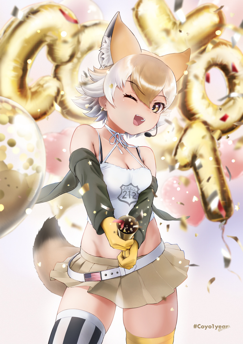 1girl absurdres animal_costume animal_ear_fluff animal_ears anniversary bare_shoulders beleven belt black_jacket blonde_hair coyote_(kemono_friends) extra_ears gloves highres jacket kemono_friends kemono_friends_v_project kneehighs looking_at_viewer microphone one_eye_closed open_mouth shirt short_hair skirt smile socks solo tail virtual_youtuber white_shirt wolf_costume wolf_ears wolf_girl wolf_tail yellow_eyes yellow_gloves