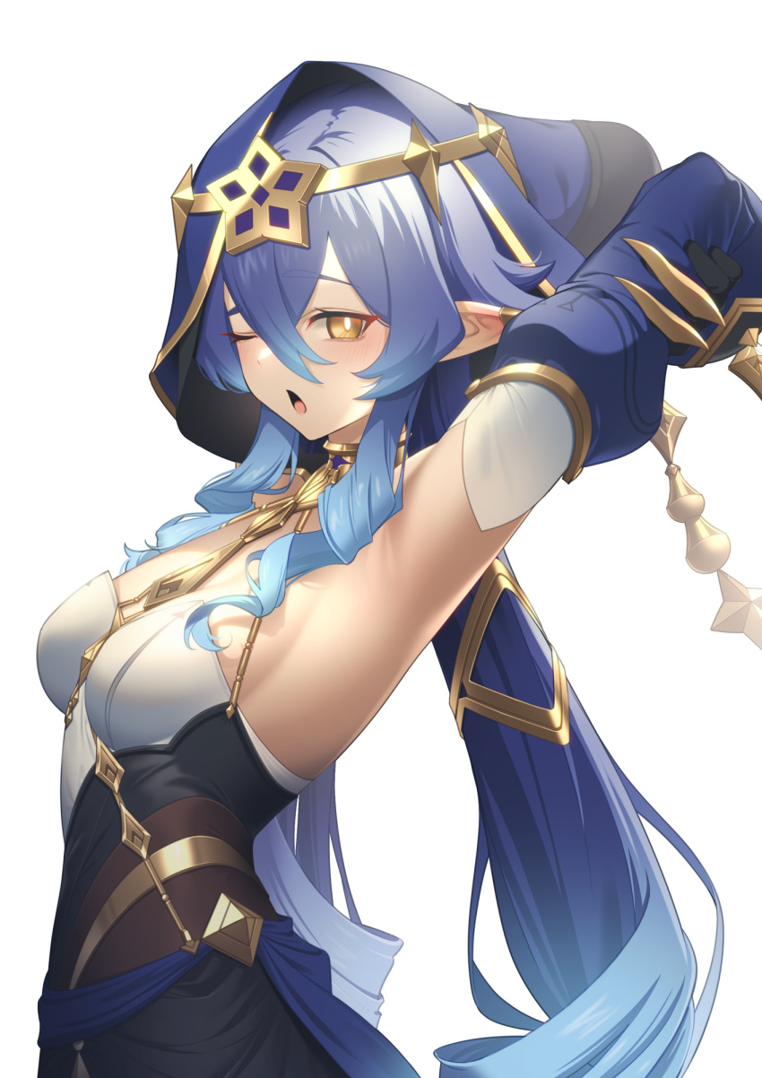 1girl ;o armpits arms_up bangs blue_hair blue_hood blue_sleeves breasts bright_pupils brown_eyes detached_sleeves drill_hair drill_locks from_side genshin_impact hair_between_eyes highres jewelry layla_(genshin_impact) long_hair looking_at_viewer meda medium_breasts neck_ring one_eye_closed open_mouth pointy_ears shirt sidelocks simple_background solo very_long_hair white_background white_pupils white_shirt