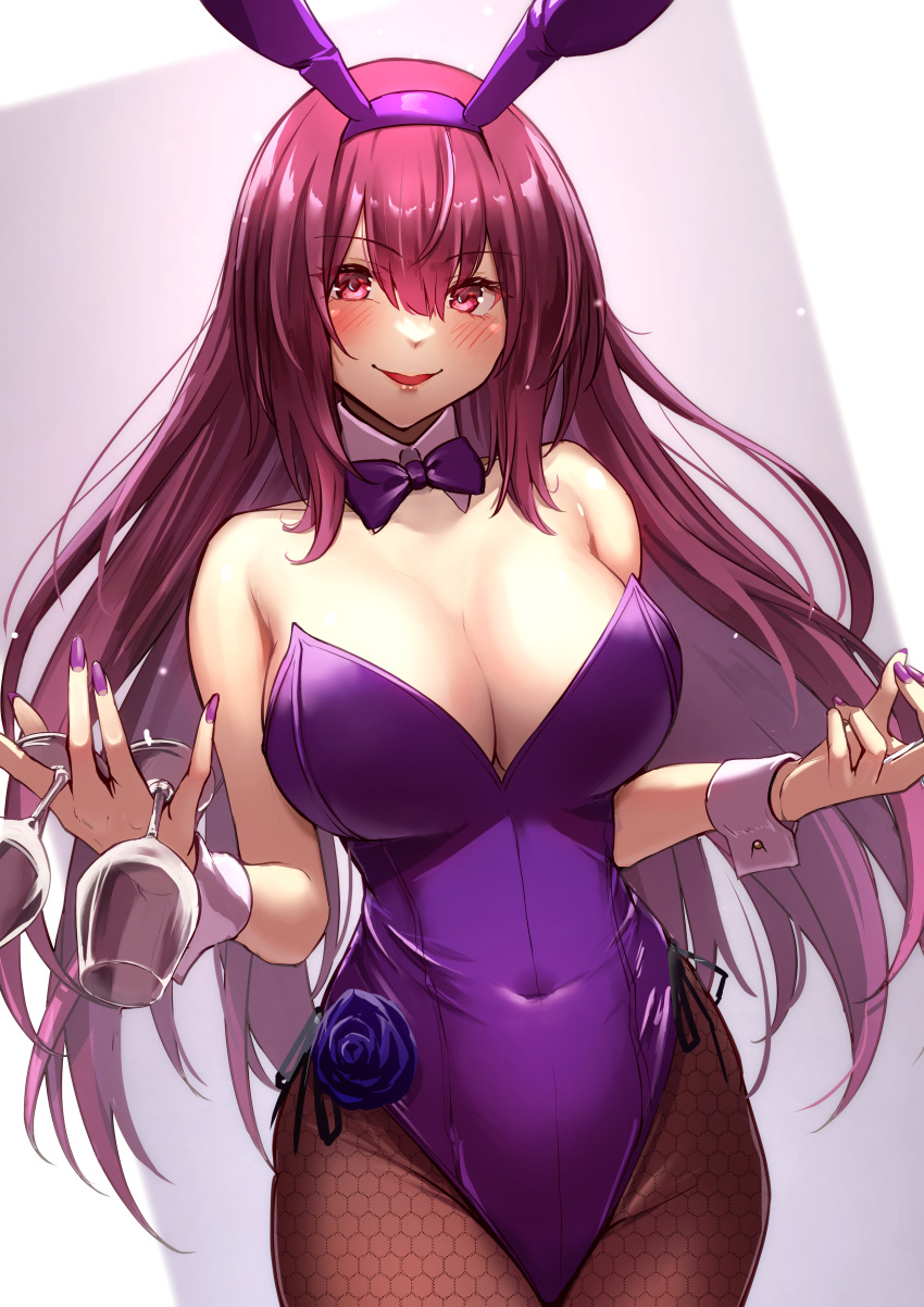 1girl absurdres between_fingers blush bow bowtie breasts brown_pantyhose covered_navel cup detached_collar drinking_glass fate/grand_order fate_(series) flower highres holding holding_cup large_breasts leotard looking_at_viewer official_alternate_costume pantyhose parted_lips playboy_bunny purple_bow purple_bowtie purple_flower purple_hair purple_leotard purple_nails purple_rose red_eyes red_hair revision rose scathach_(fate) scathach_(piercing_bunny)_(fate) smile solo wine_glass wrist_cuffs yoshimoto_(carpsukidayo)