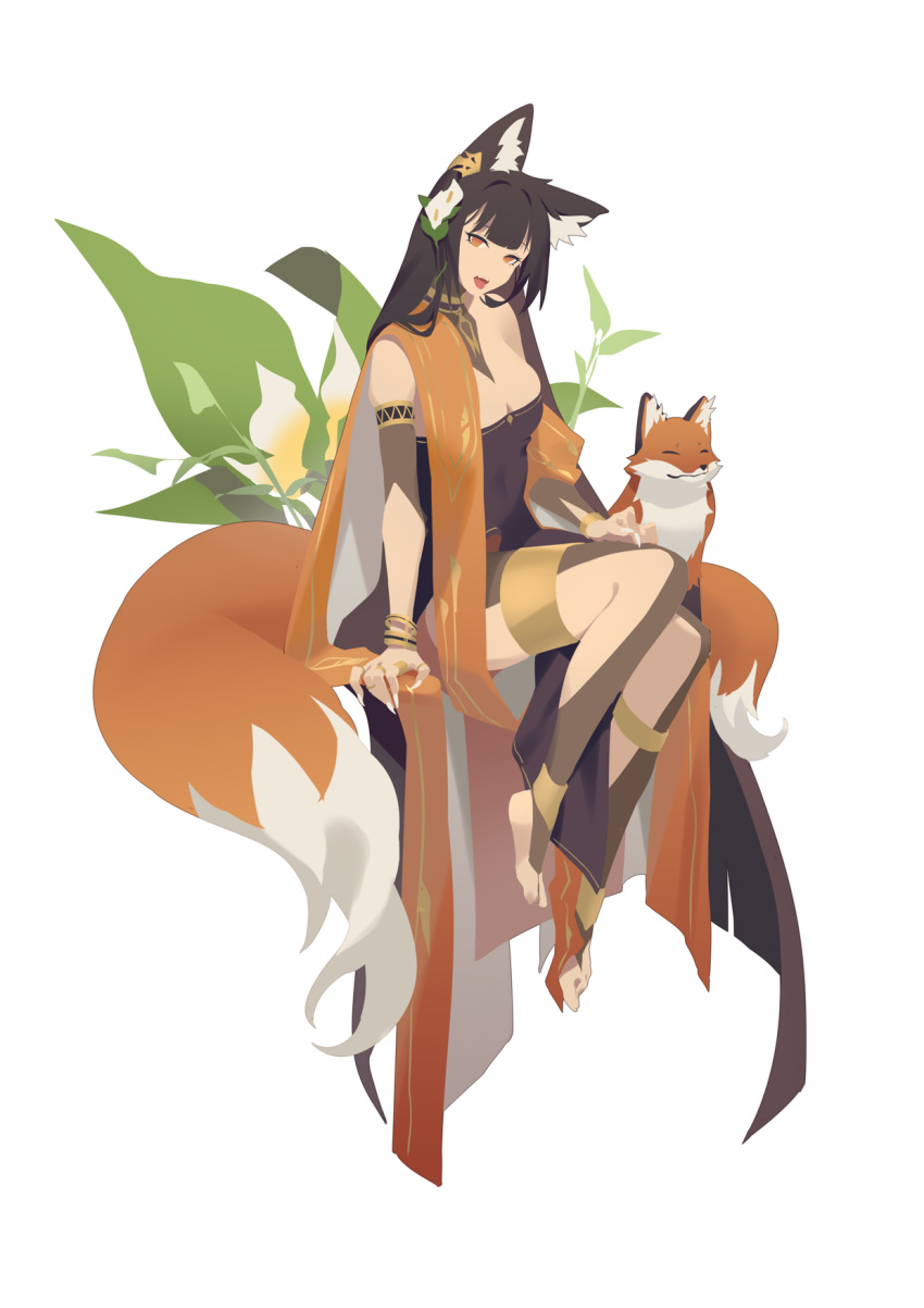 1girl 7an.zi ^_^ absurdly_long_hair animal animal_ear_fluff animal_ears anklet bangle bangs bare_shoulders barefoot black_hair blunt_bangs bracelet breasts chinese_commentary cleavage closed_eyes closed_mouth collarbone commentary_request detached_sleeves dress earclip fangs flower fox fox_ears fox_girl fox_tail full_body gold grey_leggings grey_sleeves hagoromo hair_flower hair_ornament head_tilt highres jewelry leggings long_hair looking_at_viewer medium_breasts multiple_rings orange_eyes orange_shawl original pelvic_curtain plant purple_dress ring shawl short_sleeves sidelocks simple_background sitting sketch skindentation solo strapless strapless_dress tail teeth thighlet tongue tongue_out very_long_hair white_background white_flower yellow_flower