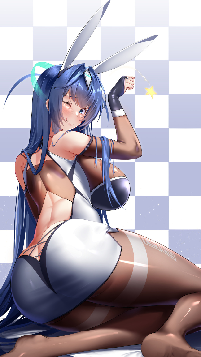 1girl :q absurdly_long_hair absurdres animal_ears arm_up ass ass_cutout azur_lane back backboob backless_dress backless_outfit bangs bare_shoulders blue_eyes blue_hair blush bodystocking breasts bridal_gauntlets brown_pantyhose checkered_background closed_mouth clothing_cutout dress english_commentary fake_animal_ears from_behind hair_between_eyes hair_intakes highres irkawaza large_breasts long_hair looking_at_viewer new_jersey_(azur_lane) pantyhose rabbit_ears race_queen sidelocks sitting smile solo star_(symbol) thighband_pantyhose tongue tongue_out very_long_hair white_dress yokozuwari