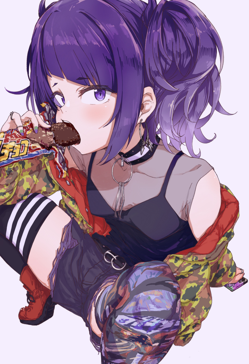 1girl absurdres asymmetrical_legwear bangs camouflage camouflage_jacket commentary_request diagonal_bangs earrings eating highres hoop_earrings idolmaster idolmaster_shiny_colors jacket jewelry looking_at_viewer mismatched_legwear nail_polish official_art purple_eyes purple_hair short_twintails shuiro_(frog-16) snack solo tanaka_mamimi twintails