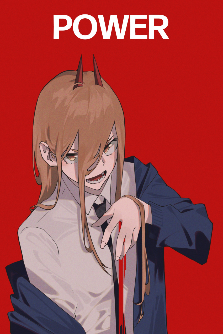 1girl absurdres aoi_(altea0923) bangs black_necktie blue_jacket brown_eyes brown_hair chainsaw_man character_name collared_shirt commentary_request cross-shaped_pupils demon_horns hair_between_eyes hand_up highres horns jacket jacket_partially_removed long_bangs long_hair long_sleeves looking_at_viewer looking_up necktie off_shoulder open_mouth power_(chainsaw_man) red_background red_horns sharp_teeth shirt simple_background solo standing symbol-shaped_pupils teeth white_shirt