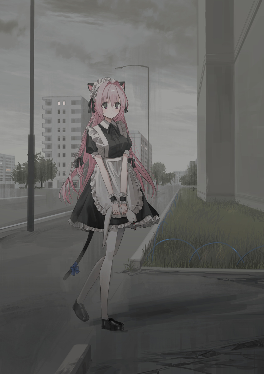 1girl alternate_costume animal_ears apron bangs black_bow black_dress black_footwear blue_bow bow braid breasts building cat_ears cat_girl cat_tail chihuri closed_mouth dress enmaided frilled_apron frilled_dress frills hair_between_eyes hair_bow highres holding lamppost long_hair looking_away maid maid_headdress medium_breasts nea_(chihuri) original outdoors overcast pantyhose pink_hair puffy_short_sleeves puffy_sleeves purple_eyes shoes short_sleeves solo tail tail_bow tail_ornament twin_braids very_long_hair walking white_apron white_pantyhose window
