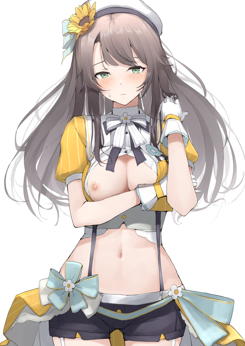 1girl bangs black_shorts blush breasts brown_hair closed_mouth cowboy_shot crop_top flower gloves green_eyes highres hololive long_hair looking_at_viewer medium_breasts midriff mitsuru_(pixiv_34028718) navel nipples oozora_subaru puffy_short_sleeves puffy_sleeves short_shorts short_sleeves shorts sideways_glance simple_background solo standing sunflower suspender_shorts suspenders sweatdrop virtual_youtuber white_background white_gloves white_headwear