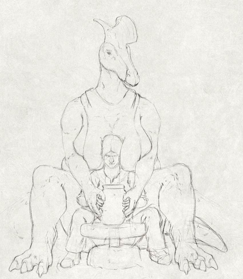 anthro between_breasts breasts claws clothed clothing dinosaur duo female front_view hi_res human male mammal monochrome mouth_closed pottery reptile scalie simple_background sitting sketch toe_claws unsigned upai
