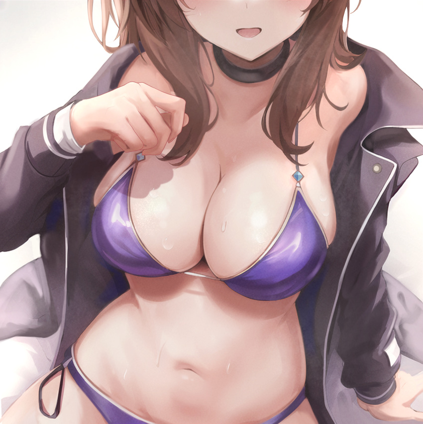 1girl absurdres admire_vega_(umamusume) bikini black_jacket breasts brown_hair head_out_of_frame highres jacket jacket_over_swimsuit large_breasts long_hair navel open_mouth purple_bikini sitting swimsuit umamusume yonemochi_yume