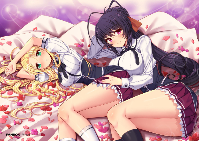 2girls asia_argento ass black_corset black_hair black_ribbon black_socks blonde_hair breasts collared_shirt corset elbow_rest english_commentary green_eyes hair_ribbon hand_on_another's_thigh head_rest high_school_dxd himejima_akeno kneehighs kuoh_academy_school_uniform large_breasts light_blush long_hair long_sleeves looking_at_viewer lying multiple_girls neck_ribbon on_bed on_side orange_ribbon parted_lips patreon_username petals pleated_skirt ponytail purple_eyes purple_nails purple_skirt ribbon rose_petals school_uniform shiny shiny_skin shirt short_sleeves skirt small_breasts smile socks very_long_hair virus-g white_shirt white_socks