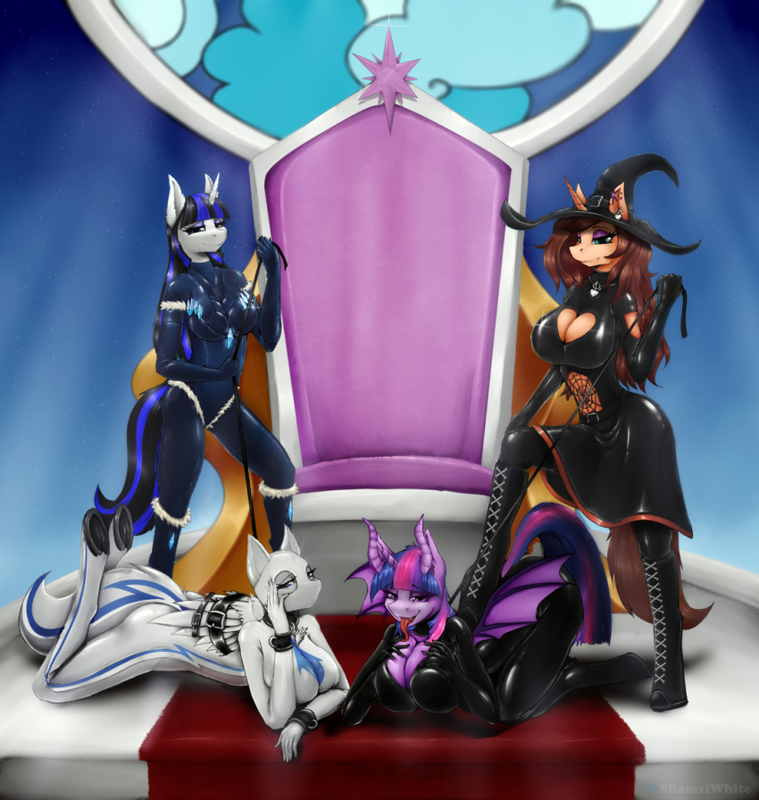 all_fours anthro big_breasts breast_squeeze breasts chair chloe_adore cleavage clothed clothing fan_character female friendship_is_magic fullbody_suit furniture hasbro lady_lightning_strike latex latex_dress leash looking_at_viewer lying multiple_characters my_little_pony shamziwhite throne twilight_sparkle_(mlp) wings