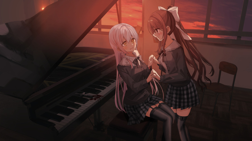 2girls bangs black_bow black_jacket black_ribbon black_thighhighs blood blush bow braid breasts brown_eyes brown_hair chair character_request chihuri cloud collared_shirt commentary_request crying crying_with_eyes_open eye_contact feet_out_of_frame garter_straps grey_hair grey_skirt hair_between_eyes hair_bow highres holding_hands indoors instrument interlocked_fingers jacket knife long_hair long_sleeves looking_at_another medium_breasts multiple_girls neck_ribbon open_clothes open_jacket parted_lips piano piano_bench plaid plaid_skirt pleated_skirt ponytail red_sky ribbon school_uniform shirt single_braid sitting skirt sky sunset tears thighhighs very_long_hair vocaloid white_bow white_shirt window wooden_floor yellow_eyes yuri