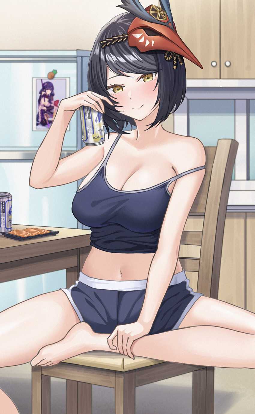 1girl alternate_costume bangs bare_arms bare_shoulders barefoot beer_can blue_camisole blue_hair blue_shorts blush breasts camisole can chair cleavage closed_mouth contemporary crop_top dark_blue_hair drink feet food foot_out_of_frame genshin_impact hand_on_own_ankle hand_up highres holding holding_drink indoors kujou_sara large_breasts legs looking_at_viewer mask mask_on_head midriff navel o-los picture_(object) raiden_shogun short_shorts shorts sitting smile spaghetti_strap stomach strap_slip swept_bangs table tengu_mask thighs yellow_eyes